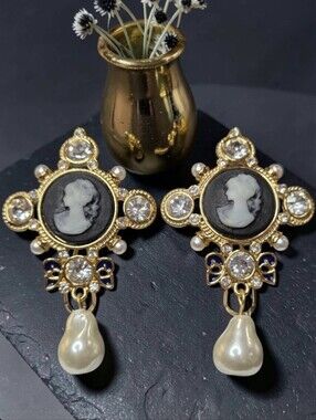 Romantic Renaissance Oversized Gold Cameo Cross Crystal Pearl Dangle Earrings